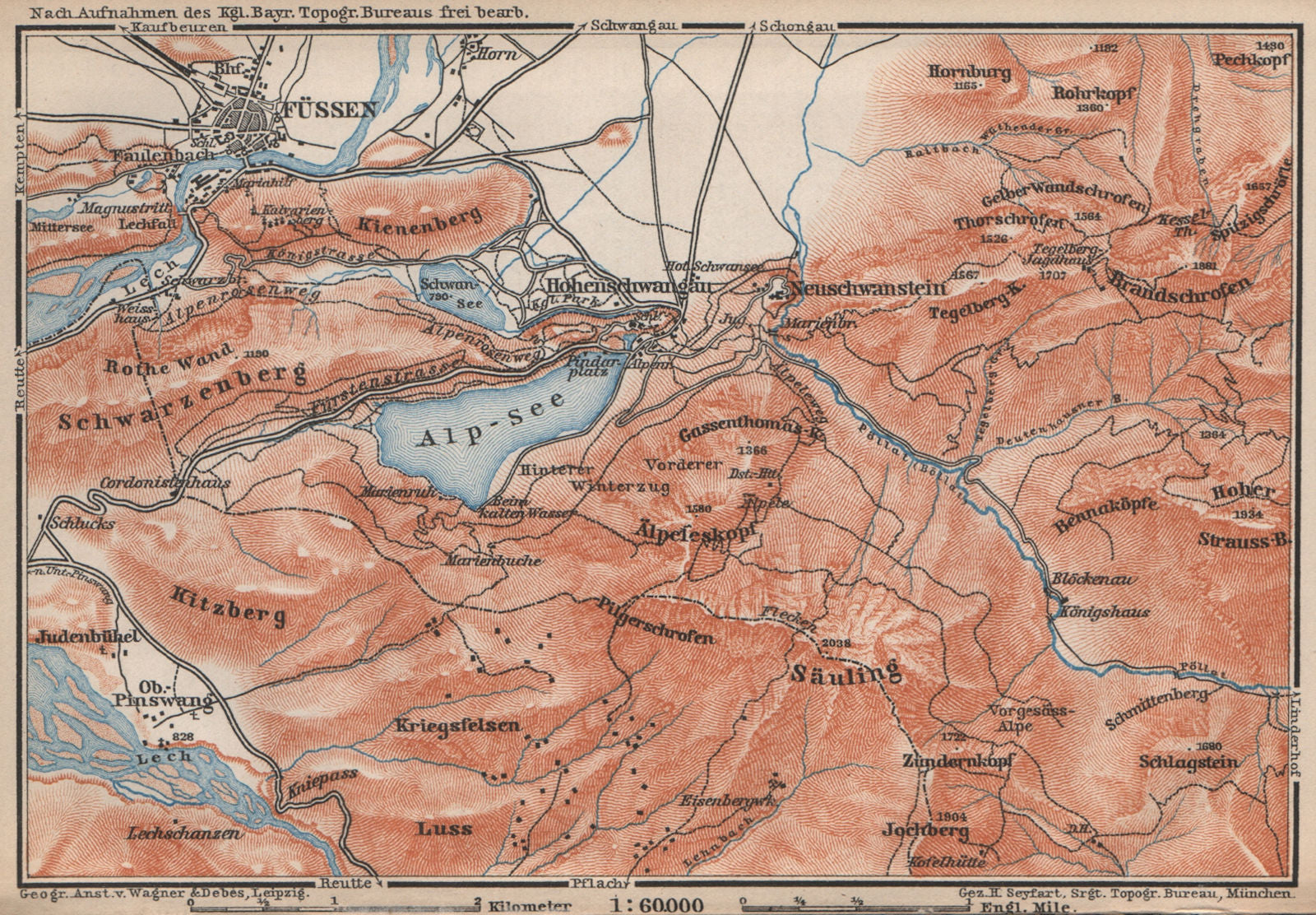 HOHENSCHWANGAU  & FÜSSEN environs. Alpsee Deutschland Österreich karte 1895 map